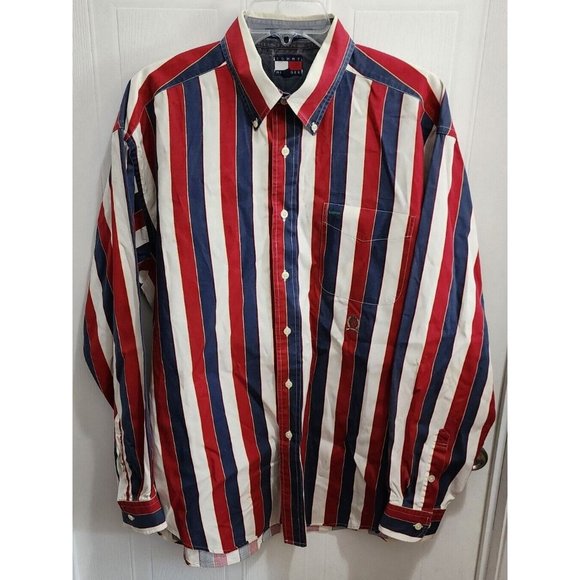 VTG Tommy Hilfiger Red White Blue Striped Button Up Shirt Retro Y2K Preppy Sz L - Picture 1 of 15
